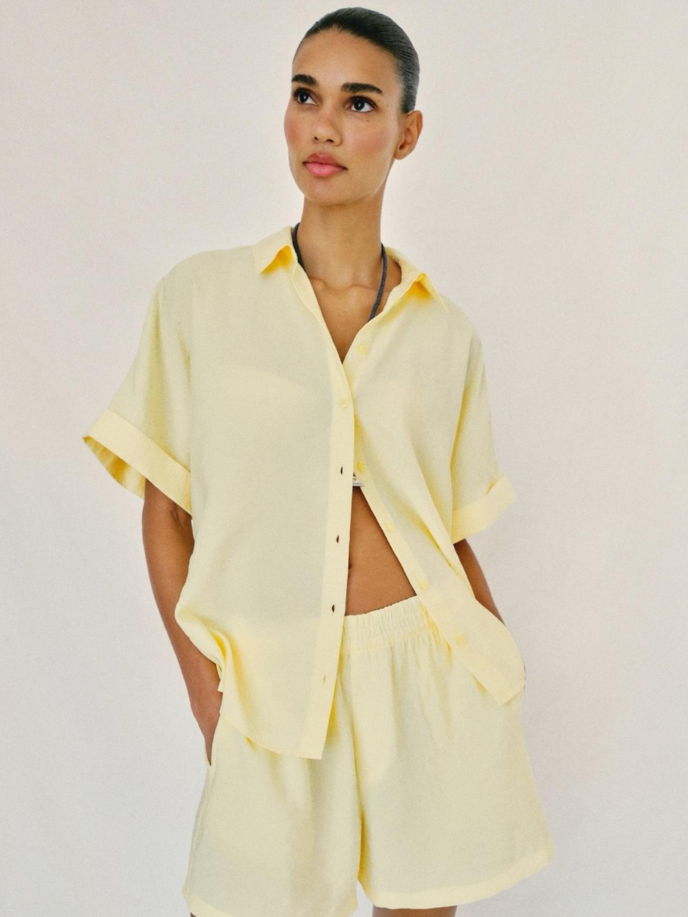 NWT ZARA Flowy Short Sleeve Shirt Yellow - Large